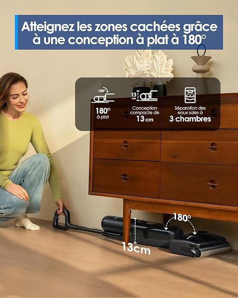 L'aspirateur laveur s'allonge à 180° pour passer sous une commode